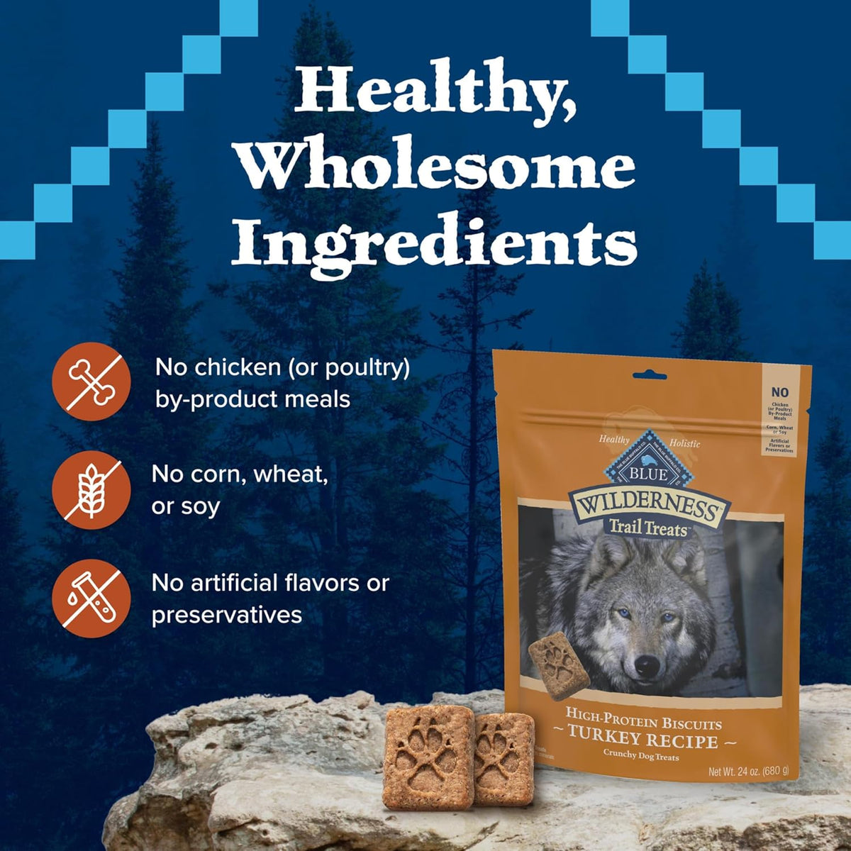 Wilderness Turkey Crunchy Dog Biscuits, Grain-Free, 24 Oz | Real Turkey #1 Ingredient, Crunchy Biscuits, High Protein Nutrition, No Artificial Preservatives