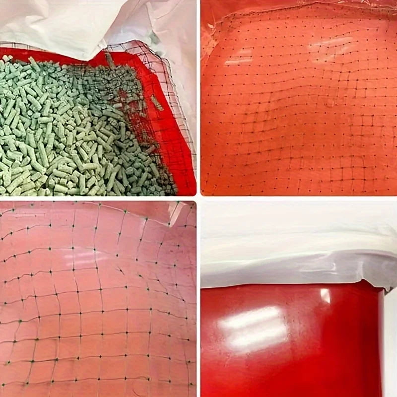 Collage of green pellets, red plastic sheet, black grid pattern, and white container.