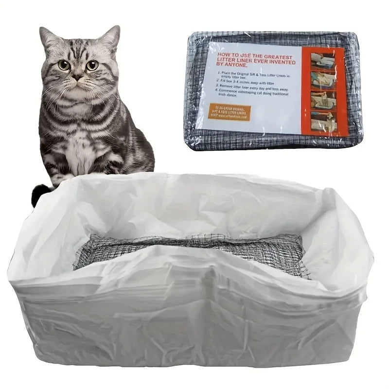 Cat sitting next to a litter box with a package of litter liner on a white background