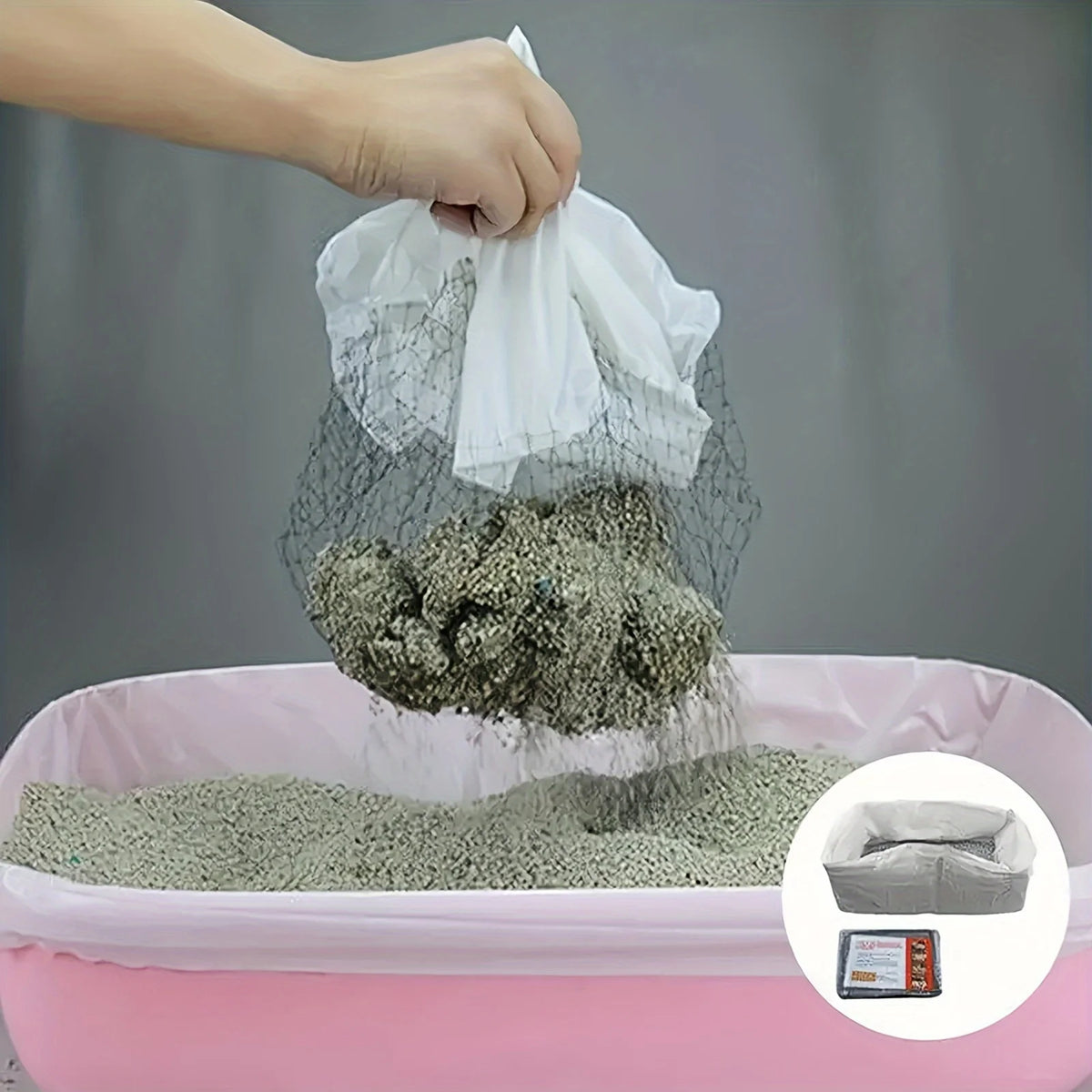 Person pouring cat litter from a bag into a pink litter box with a gray background.