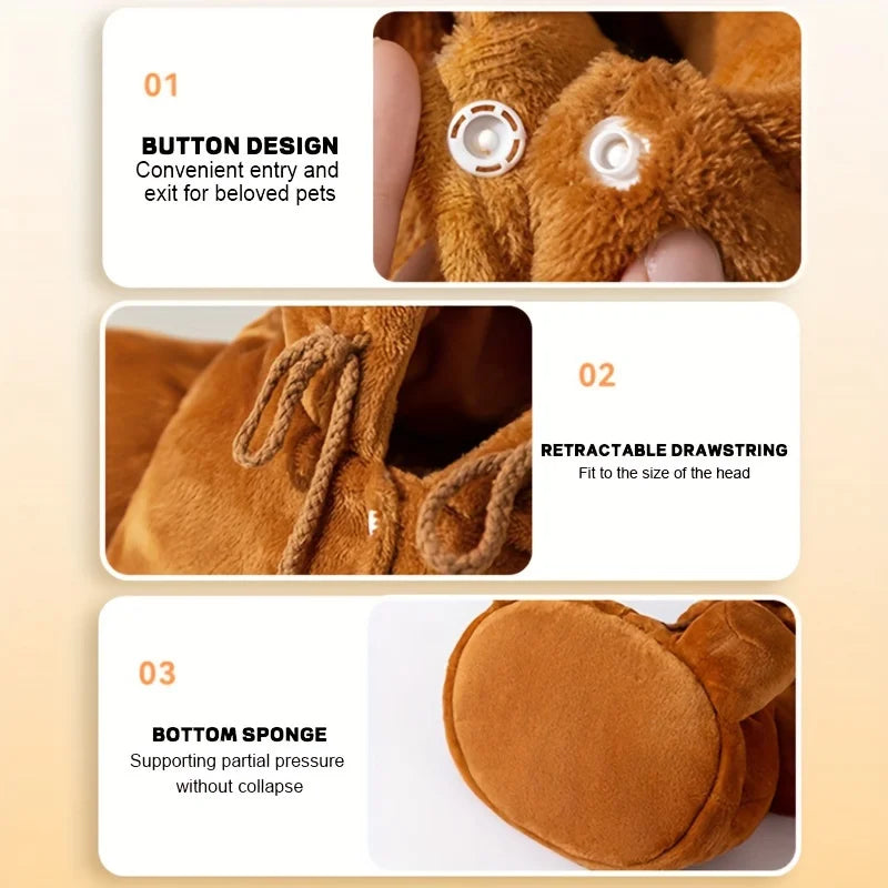 Three-panel feature graphic showing a plush brown pet bootie or paw-shaped shoe detail: a button design for pets, a retractable drawstring, and a soft sponge bottom, with text labels on a beige background.