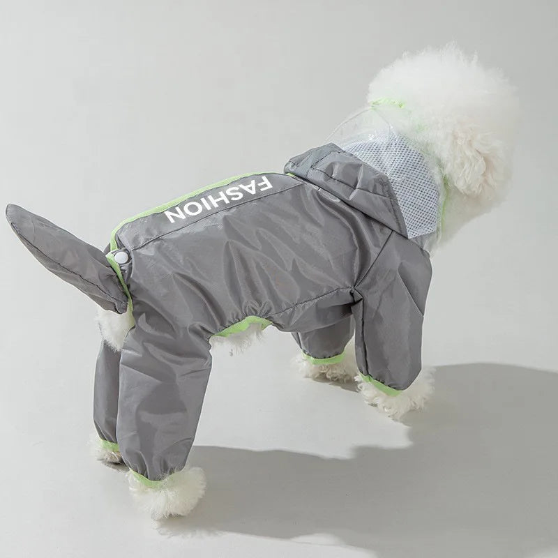 Dog wearing a gray raincoat with white text on a light gray background