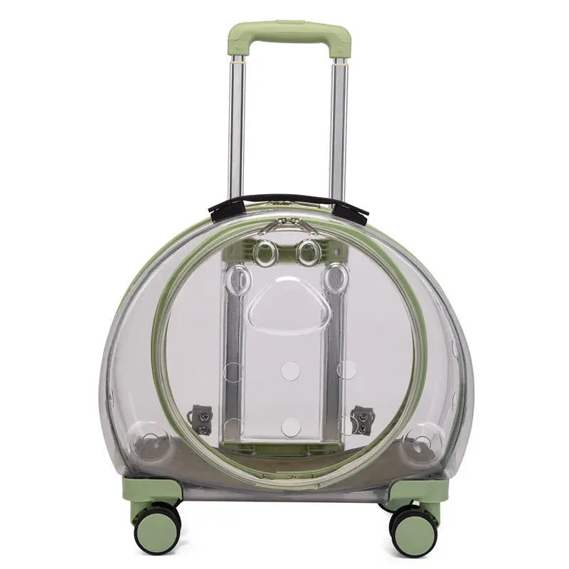 A clear plastic cat carrier rolling suitcase with a light green handle and wheels, shown on a white background.
