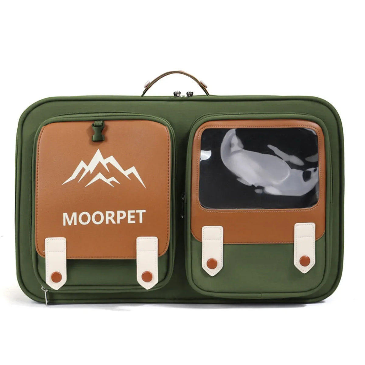 An olive green and brown pet X-ray bag with a top handle, featuring a front pocket with a white mountain logo and the text 'MOORPET', and a clear window showing an X-ray image of a cat.