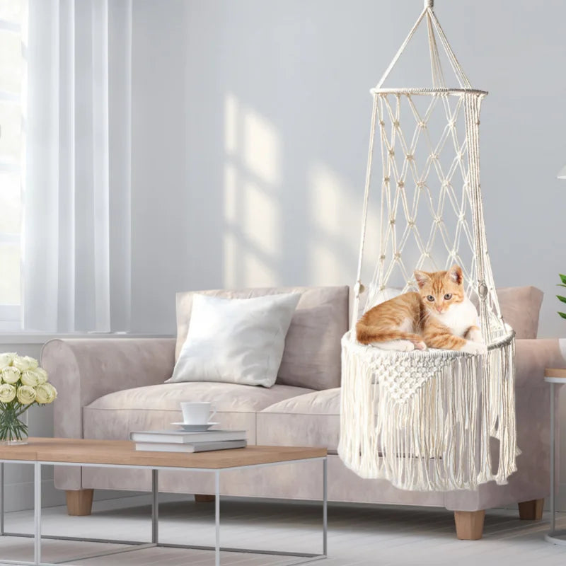 Bohemian Cat Hammock Swing Bed – Handwoven Cotton Macramé