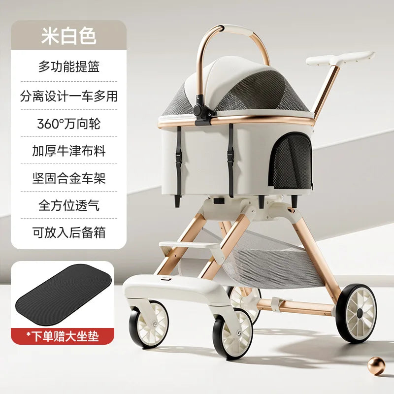 3-in-1 Luxury Pet Stroller with Detachable Carrier — 4-Wheel Travel Pram for Small & Medium Dogs and Cats