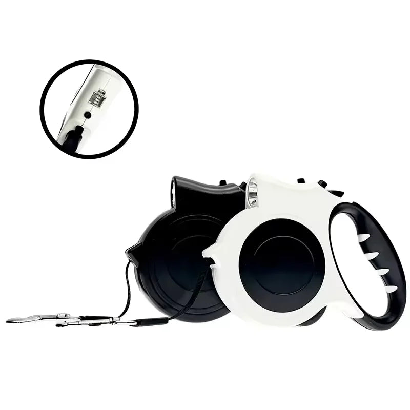 Retractable dog leash with a close-up inset of a metal clip on a white background