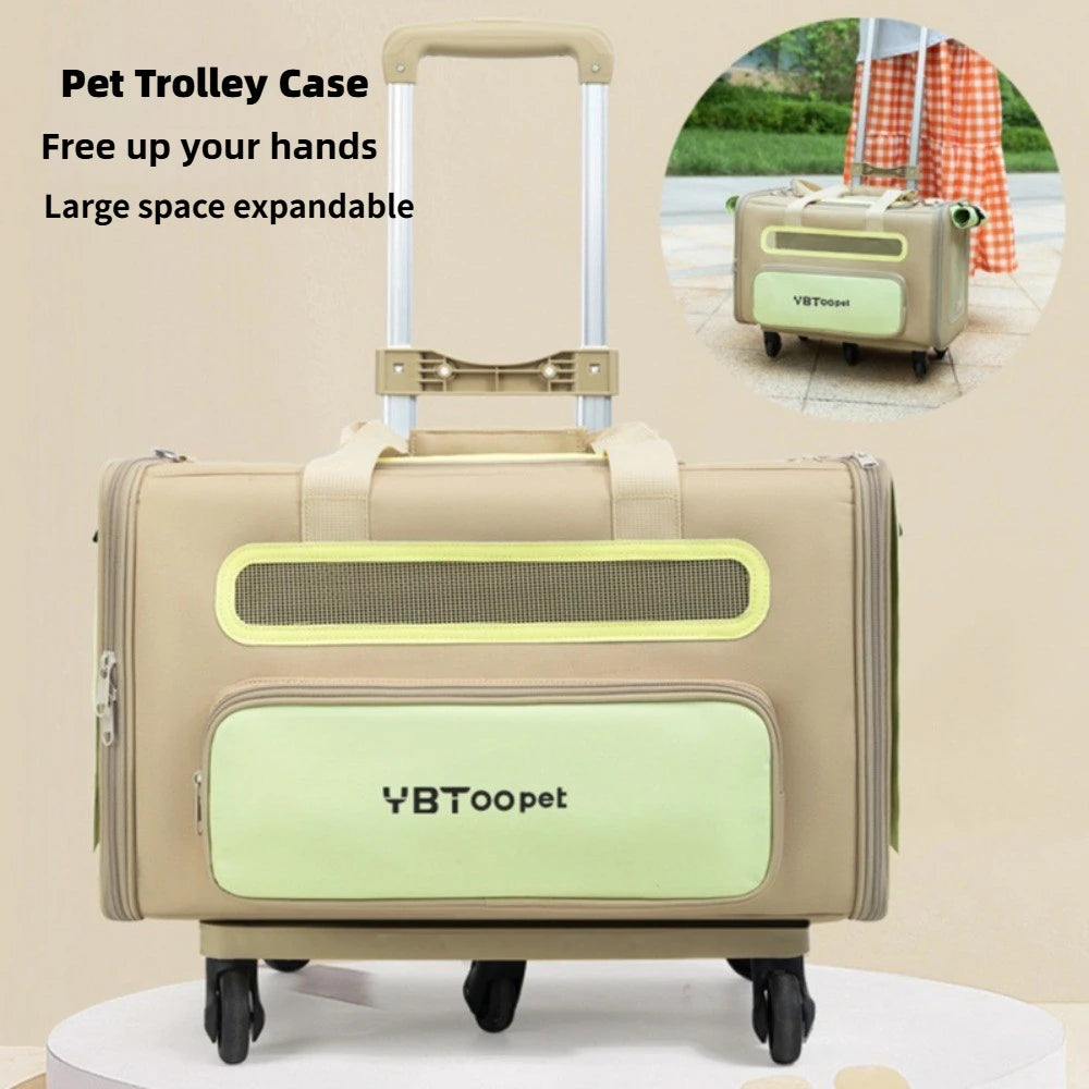 A beige pet trolley bag with a light green front pocket and window, shown on a white pedestal with text and a circular inset photo. The bag has a telescoping handle, wheels, and the brand name 'YBTooPet' printed on the front.