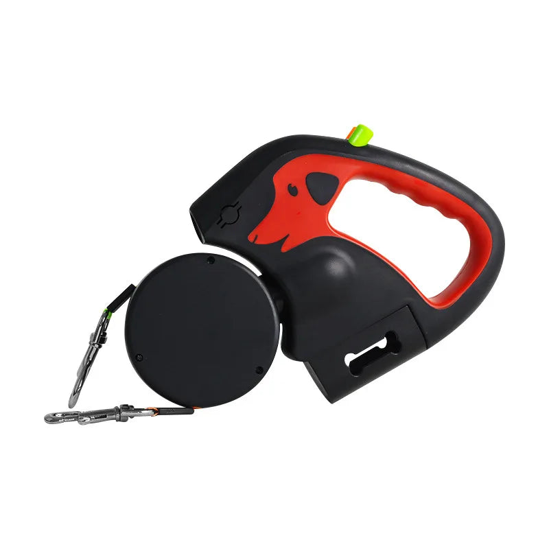 Black and red retractable dog leash on a white background