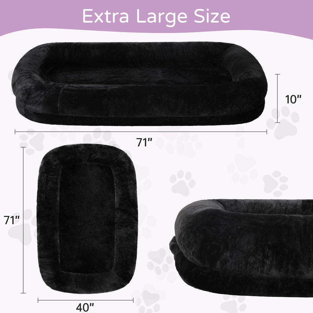 Extra large black pet bed shown with dimension labels: 71 by 71 by 40 inches, plus a side view showing a 10-inch height. The image includes the text 'Extra Large Size' on a light background with faint paw-print graphics.