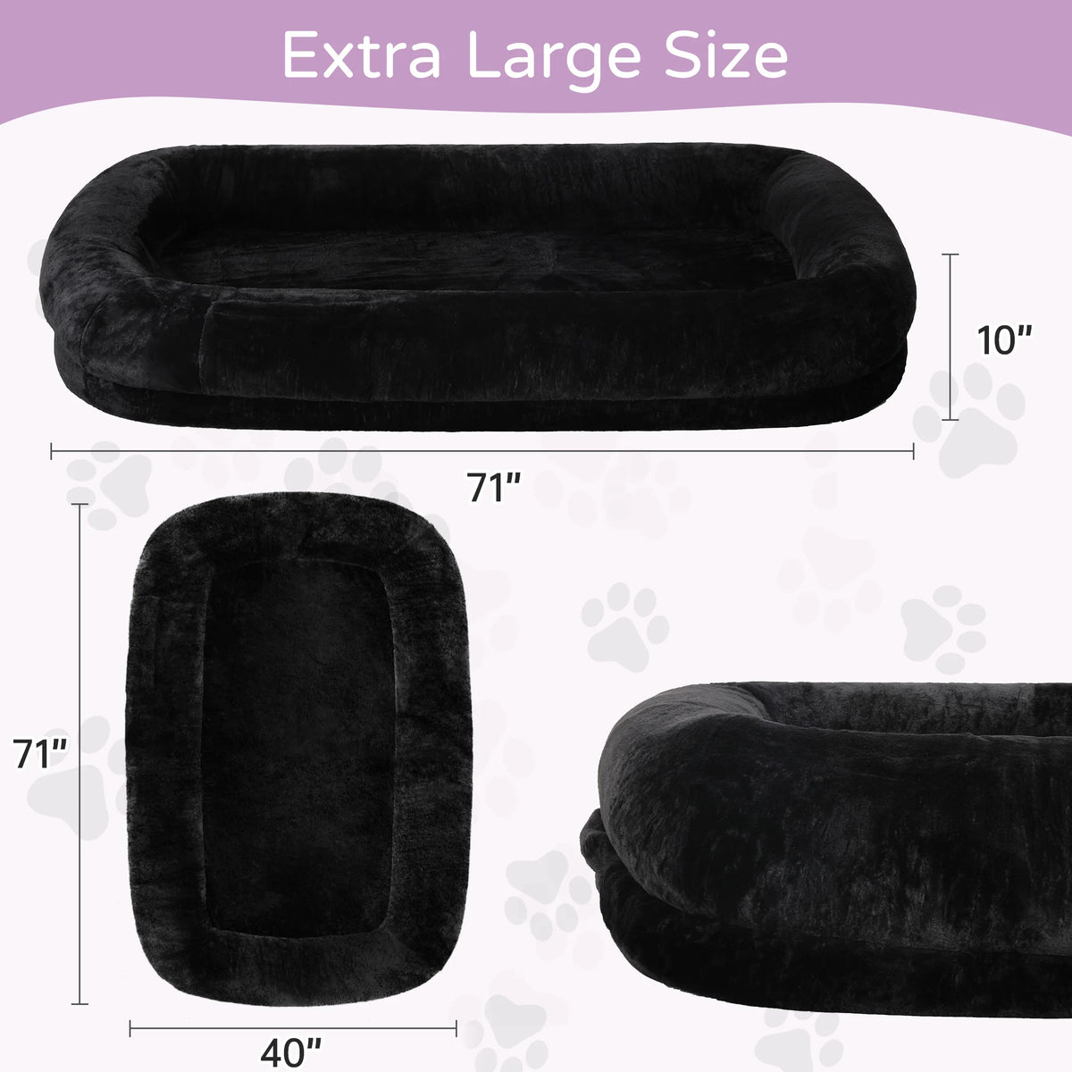 Extra large black pet bed shown with dimension labels: 71 by 71 by 40 inches, plus a side view showing a 10-inch height. The image includes the text 'Extra Large Size' on a light background with faint paw-print graphics.