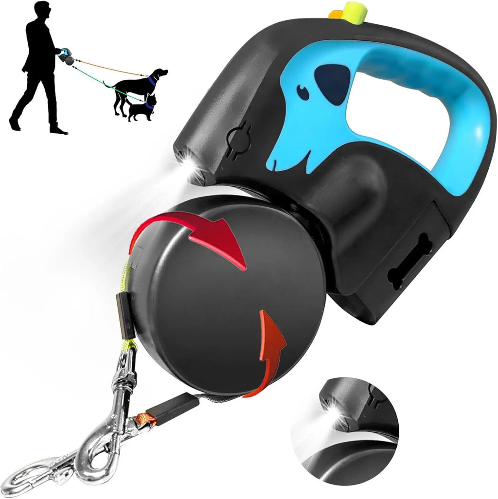 Retractable dog leash with handle and attachments on a white background