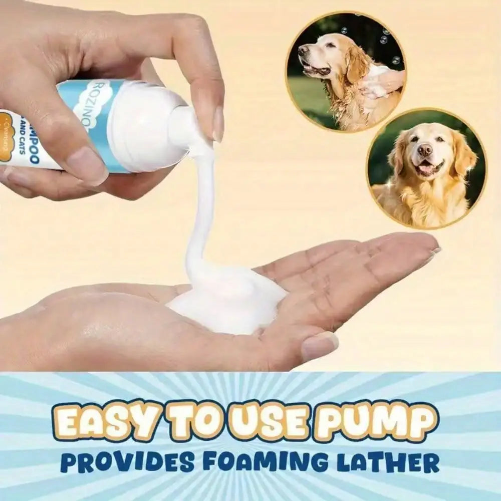 A hand squeezes a white and blue foaming lather pump bottle, with white foam being dispensed into another hand. Two circular inset photos of golden retriever dogs appear on the upper right, and text at the bottom reads 'EASY TO USE PUMP' and 'PROVIDES FOAMING LATHER'.