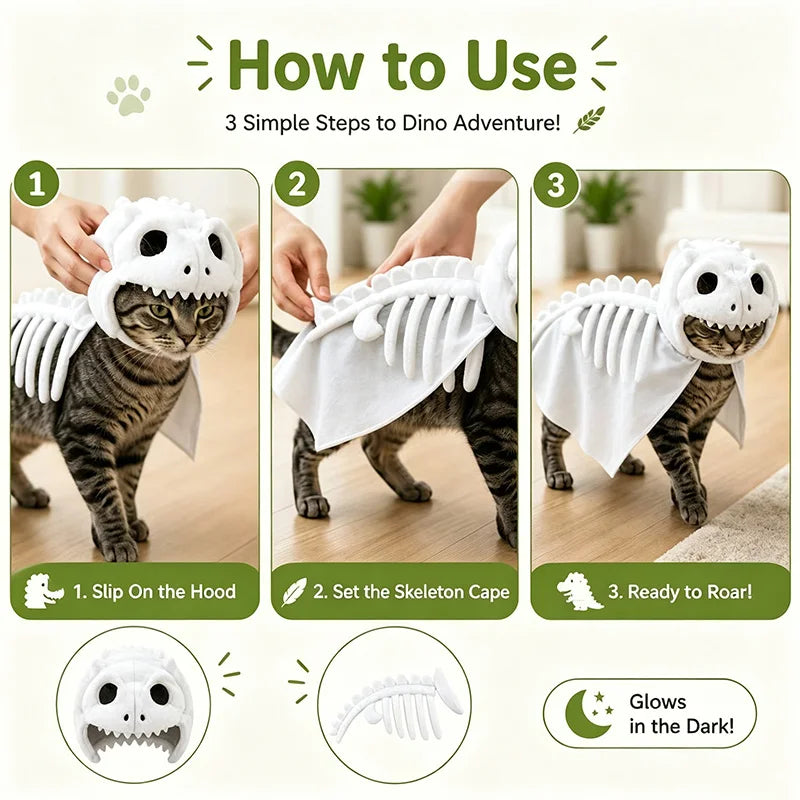 Instructional graphic titled 'How to Use' showing a cat wearing a white dinosaur skeleton hood cape in three steps, with text noting it glows in the dark. The layout includes numbered panels, small paw-print icons, and product detail circles at the bottom on a light beige background.