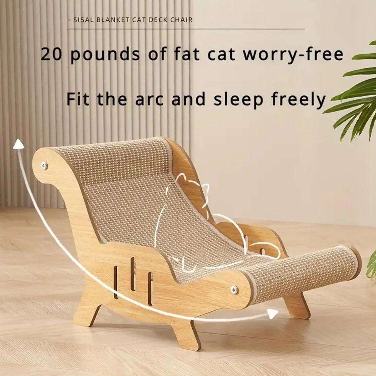 Cat deck chair with text on a wooden floor