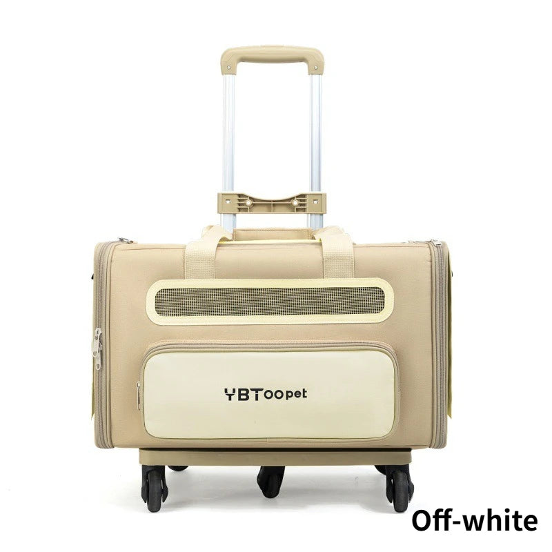 A beige pet stroller suitcase with an extendable handle and four wheels, featuring a cream-colored front pocket with the brand name 'YBToopet' printed on it. The product is shown against a plain white background with 'Off-white' text in the bottom right corner.