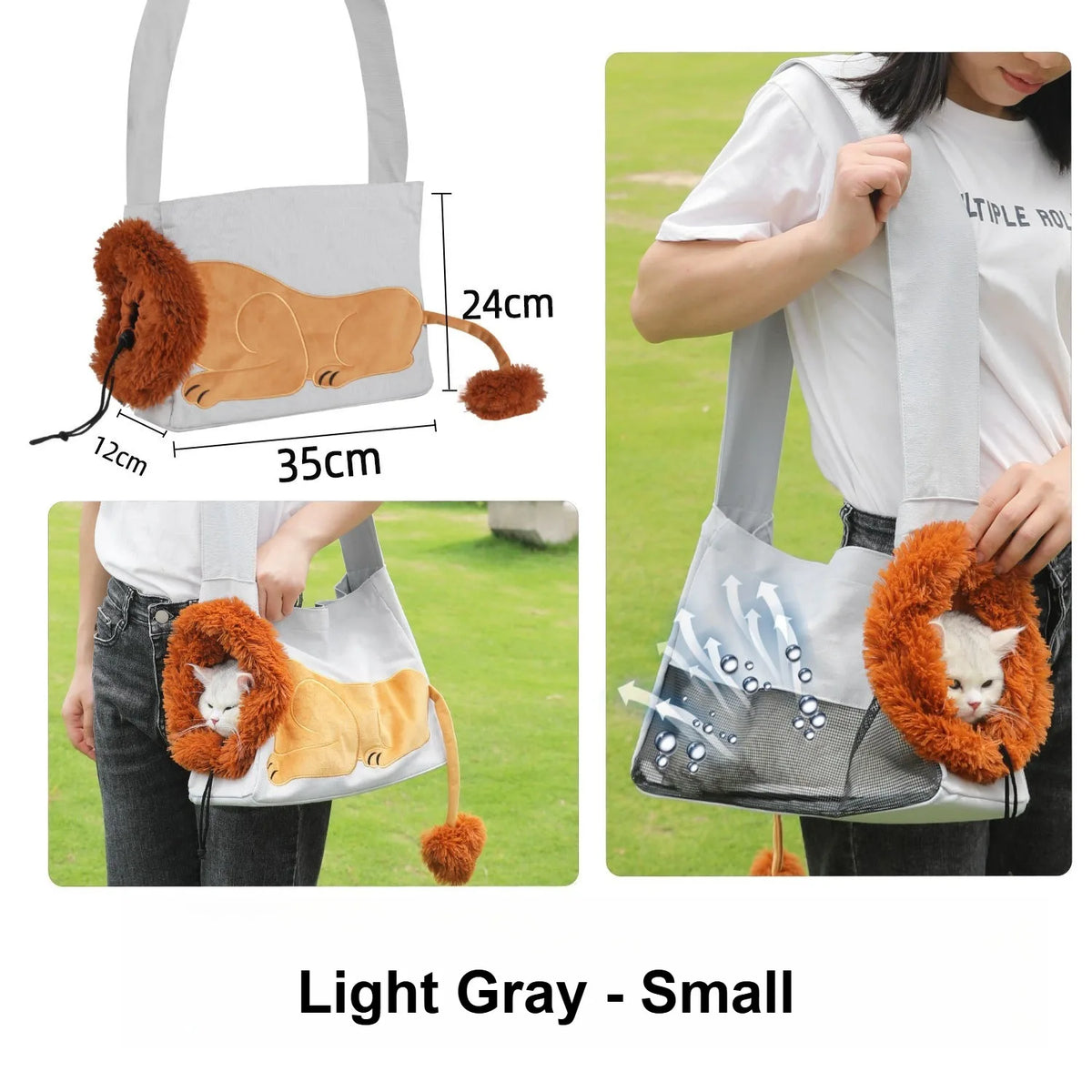 A collage showing a light gray pet carrier shoulder bag with a lion-face design and a small white cat peeking out. The left panel includes dimension labels (12cm, 24cm, 35cm), and the right panel shows the bag being worn outdoors by a person.
