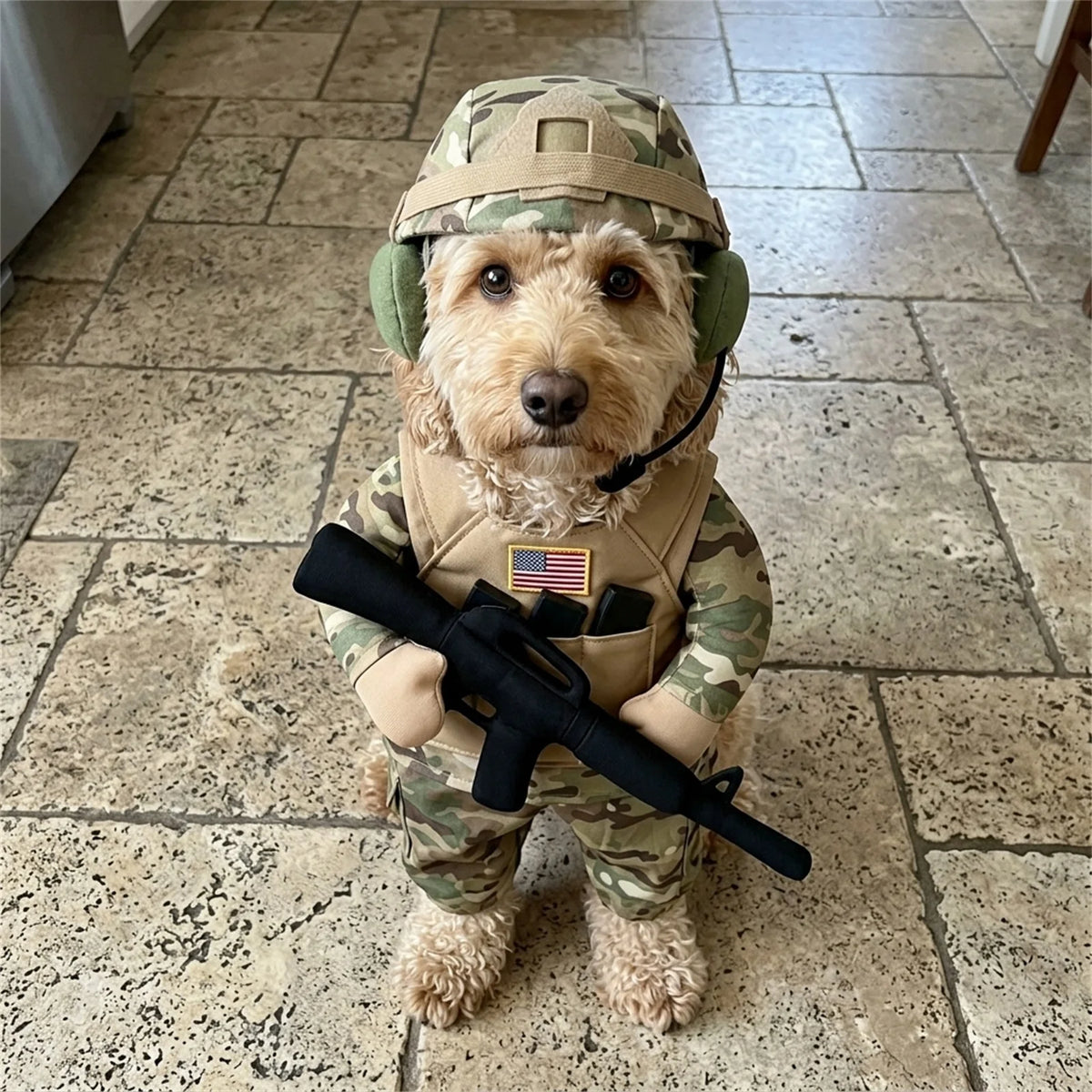 Small Dog Soldier Costume with Hat | Camouflage Halloween Outfit