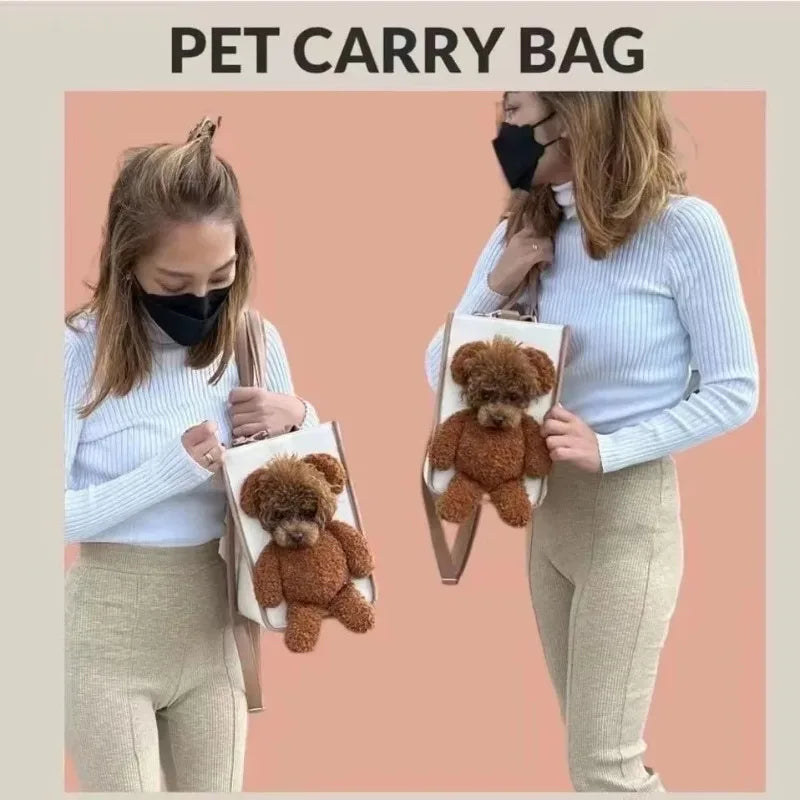 Person holding a pet carry bag with a teddy bear inside against a peach background