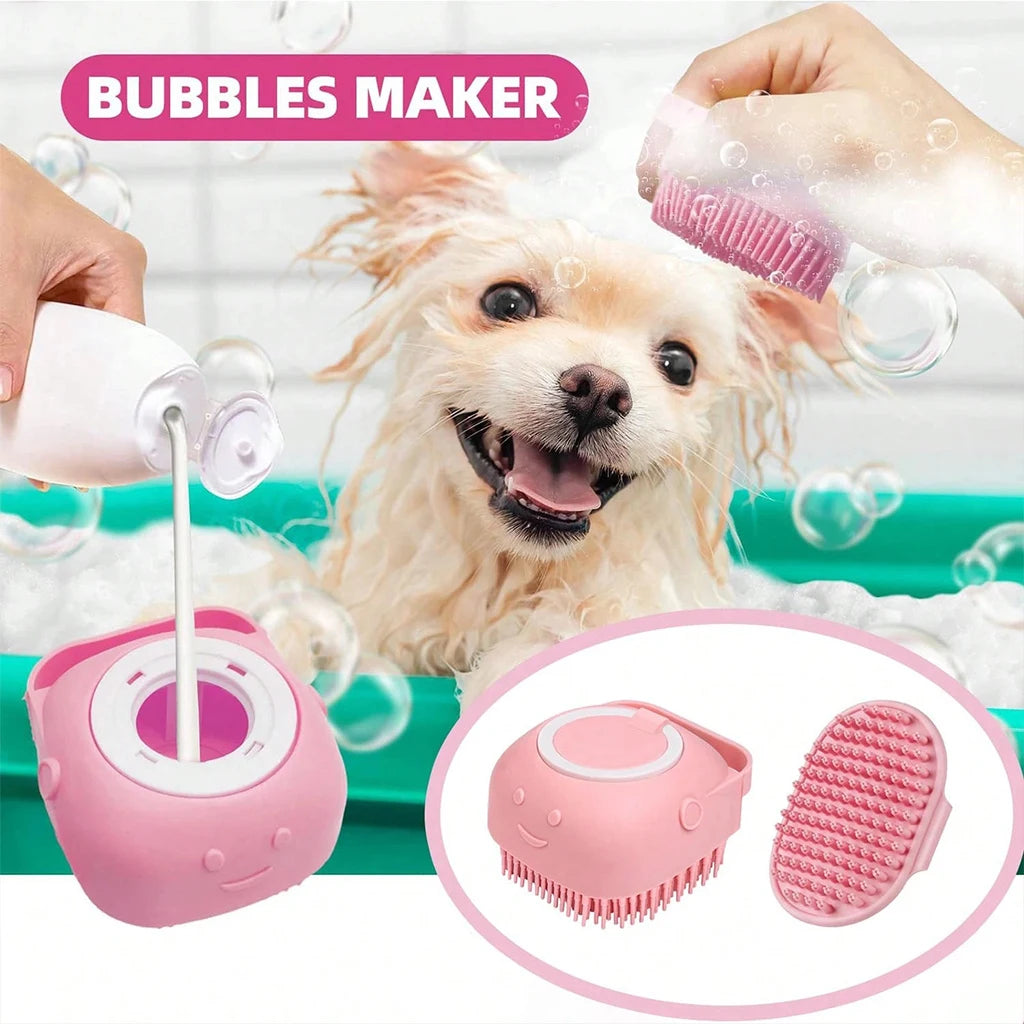 Pink bubble maker pet bath accessory shown with a small dog in a bathtub, hands pouring bubbles, and an inset showing the brush attachment and brush head.