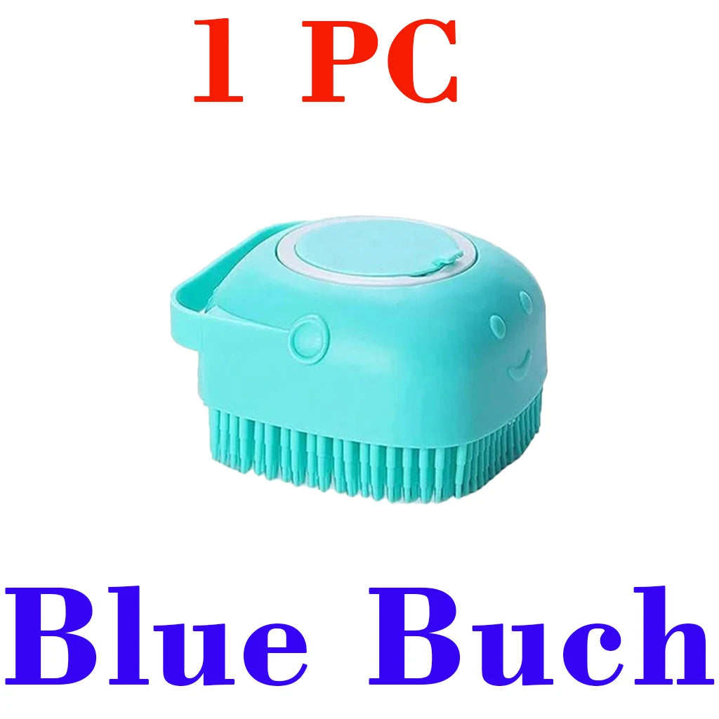 A light blue silicone baby bath scrubber brush with soft bristles, shown on a plain white background with red '1 PC' text at the top and blue 'Blue Buch' text at the bottom.