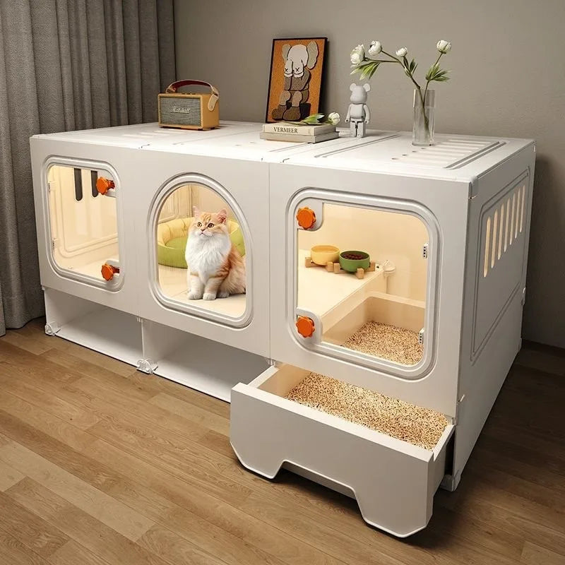 Indoor Cat Cage Villa with Integrated Litter Box | Wooden Cat House for Small Apartments