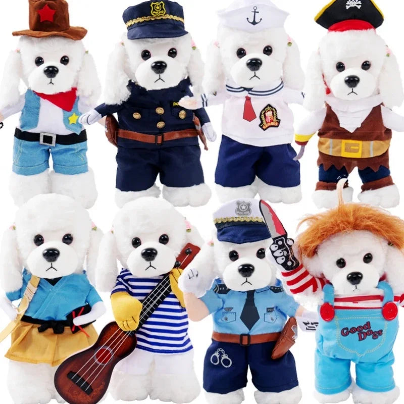 Set of white teddy bears dressed in various costumes on a white background