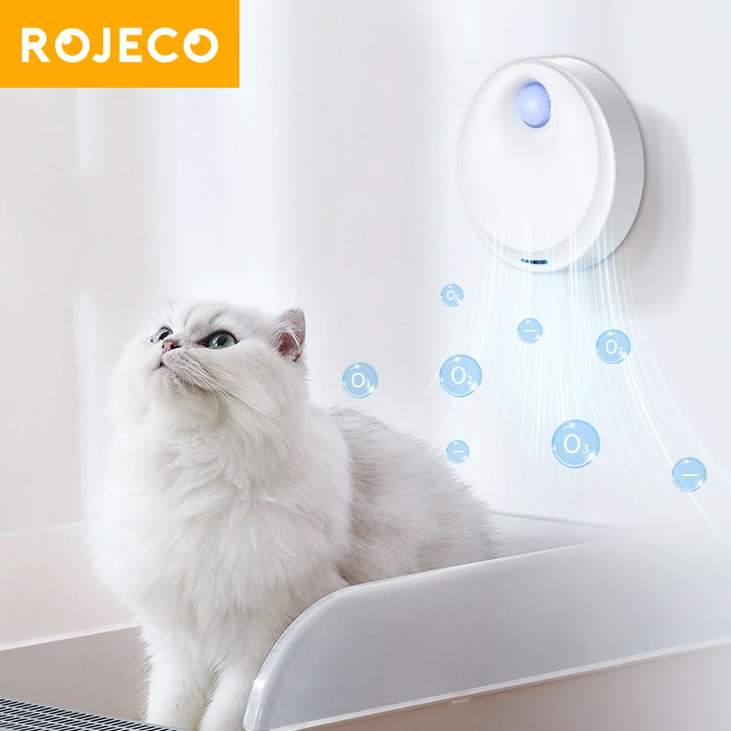 Cat interacting with a ROJECO pet product on a white background