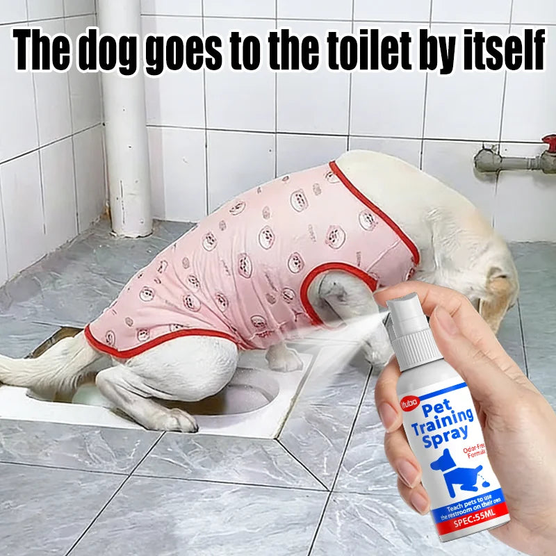 A dog in a pink patterned shirt sprays a handheld pet training spray bottle in a tiled bathroom setting. Text at the top reads 'The dog goes to the toilet by itself'.