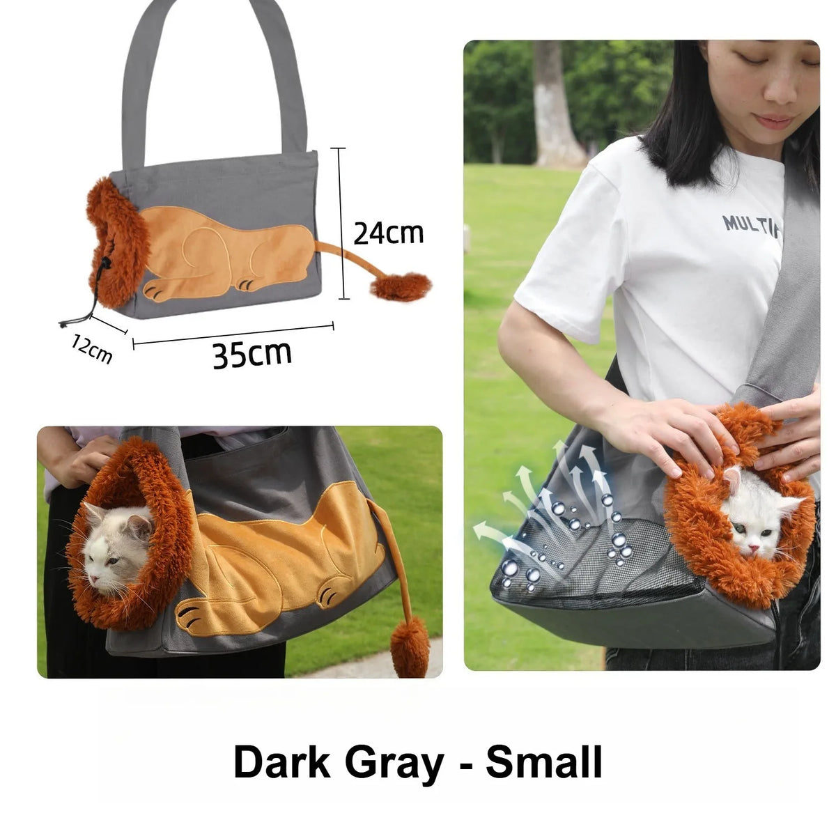 A pet carrier bag shown in a composite listing image, labeled 'Dark Gray - Small.' The left side includes a clean product view with dimensions marked 24cm, 12cm, and 35cm, plus two smaller lifestyle photos of a white cat inside the bag outdoors.