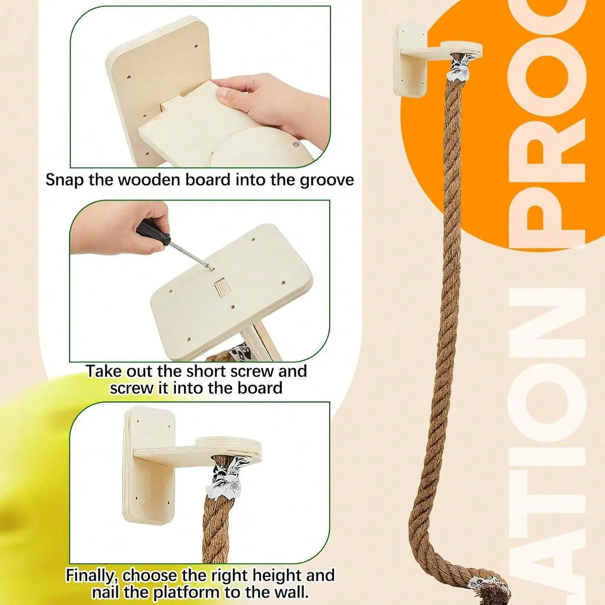 Instructions for assembling a wooden platform with rope, showing steps and product on a beige background.
