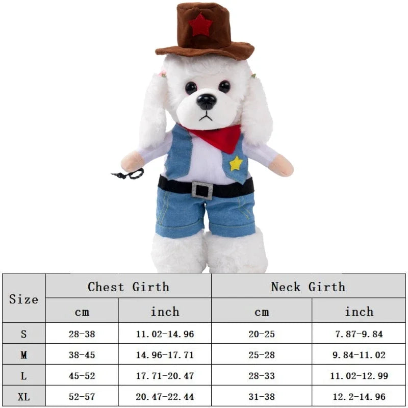 Plush toy dog in cowboy outfit with measurement chart on a white background