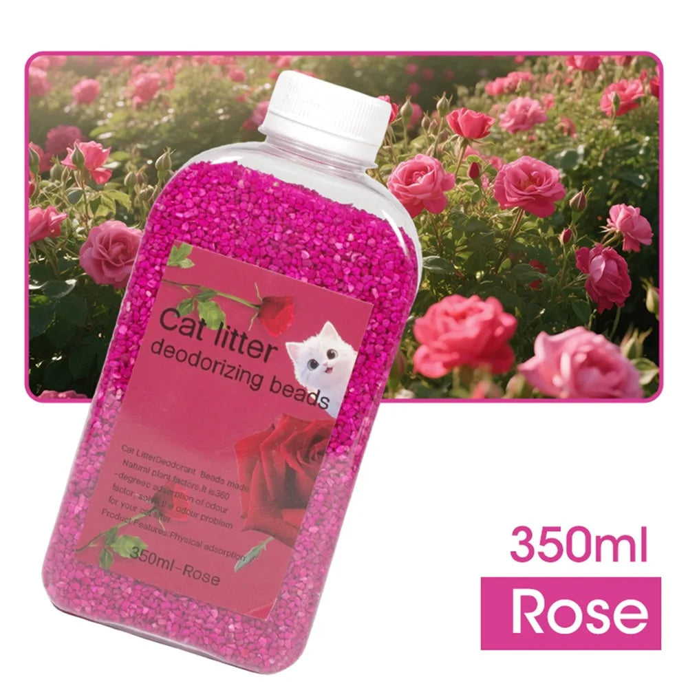 Pink cat litter deodorizing beads with a white lid against a pink rose bush background