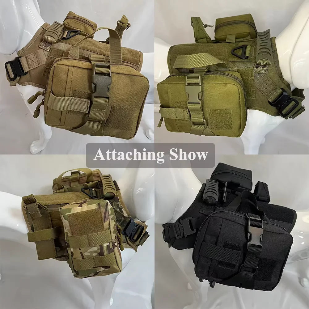 Four tactical vests in different colors on mannequin stands with 'Attaching Show' text.