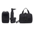 Set of black tactical pouches and straps on a white background