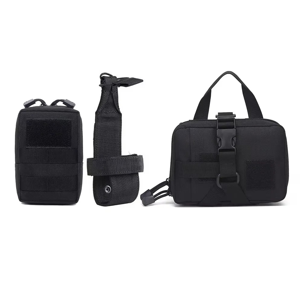 Set of black tactical pouches and straps on a white background