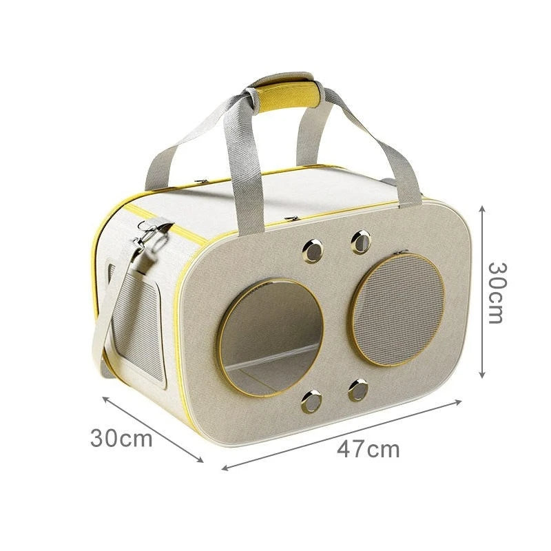 A beige pet carrier bag with yellow trim and gray straps, shown on a white background with dimension labels indicating 30cm height, 30cm width, and 47cm depth.