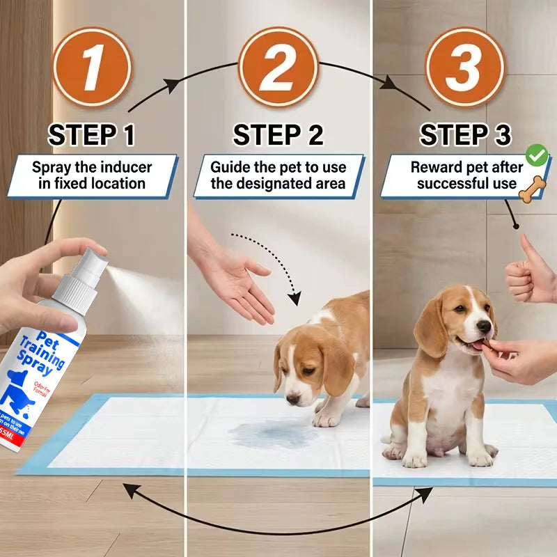 Three-panel instructional graphic showing steps for using a pet training spray: Step 1 shows a hand spraying a bottle labeled 'Pet Training Spray' near a blue training mat; Step 2 shows a small brown-and-white puppy guided to a designated area; Step 3 shows the puppy rewarded after successful use. The image includes text labels and arrows explaining the process.
