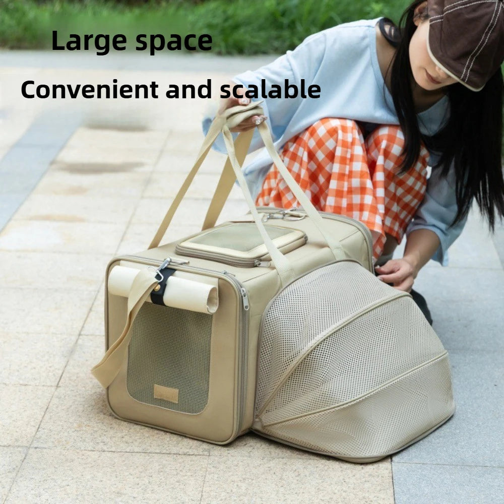 A beige pet carrier bag with mesh windows and handles is shown outdoors on a paved walkway, with a woman kneeling beside it. Text on the image reads 'Large space Convenient and scalable'.