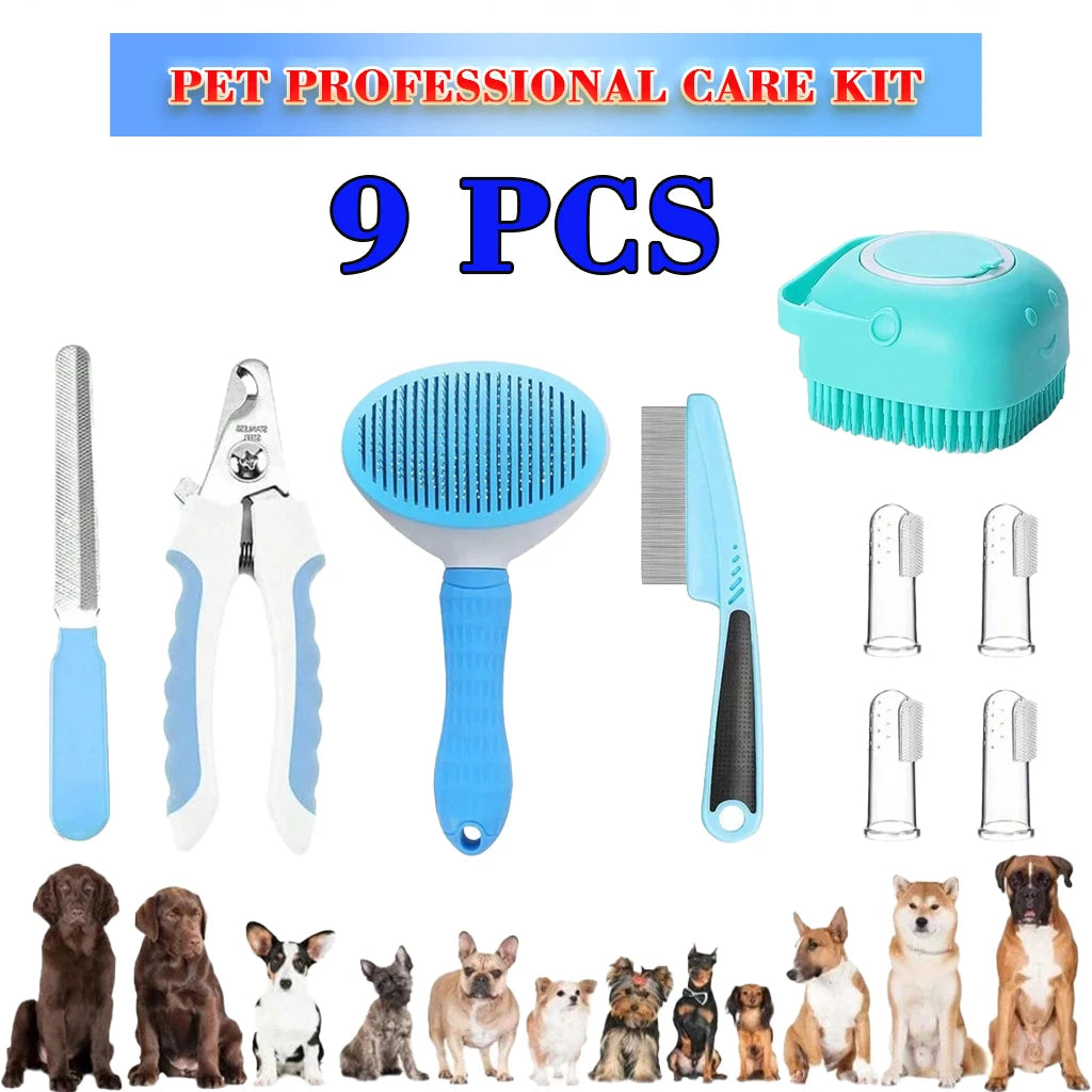 A 9-piece pet grooming care kit displayed on a white background with a blue header reading 'PET PROFESSIONAL CARE KIT' and '9 PCS'. The kit includes a metal file, nail clippers, a blue-and-white slicker brush, a grooming comb, a turquoise pet brush, and four clear plastic replacement pads.