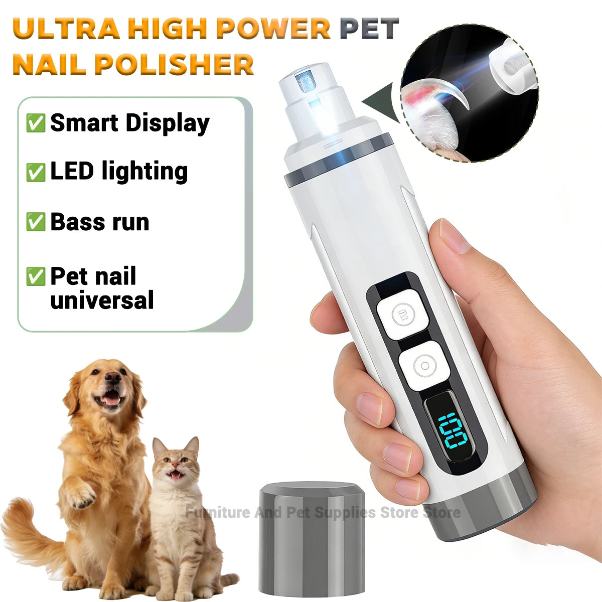 Pet nail polisher with LED lighting and digital display, held by a hand, with a dog and cat on a white background.