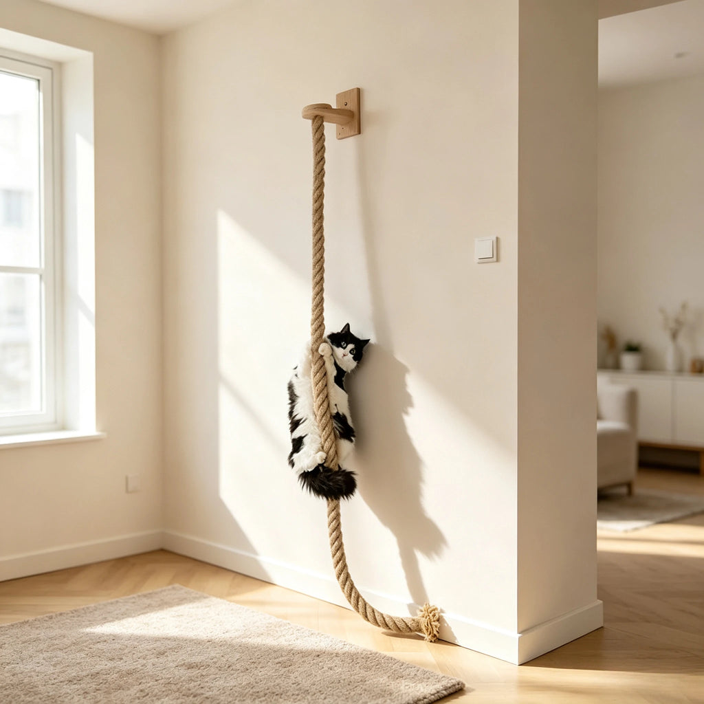 A black and white cat is climbing a thick rope cat tree mounted on a beige wall in a bright, modern room with wooden floors and natural sunlight.