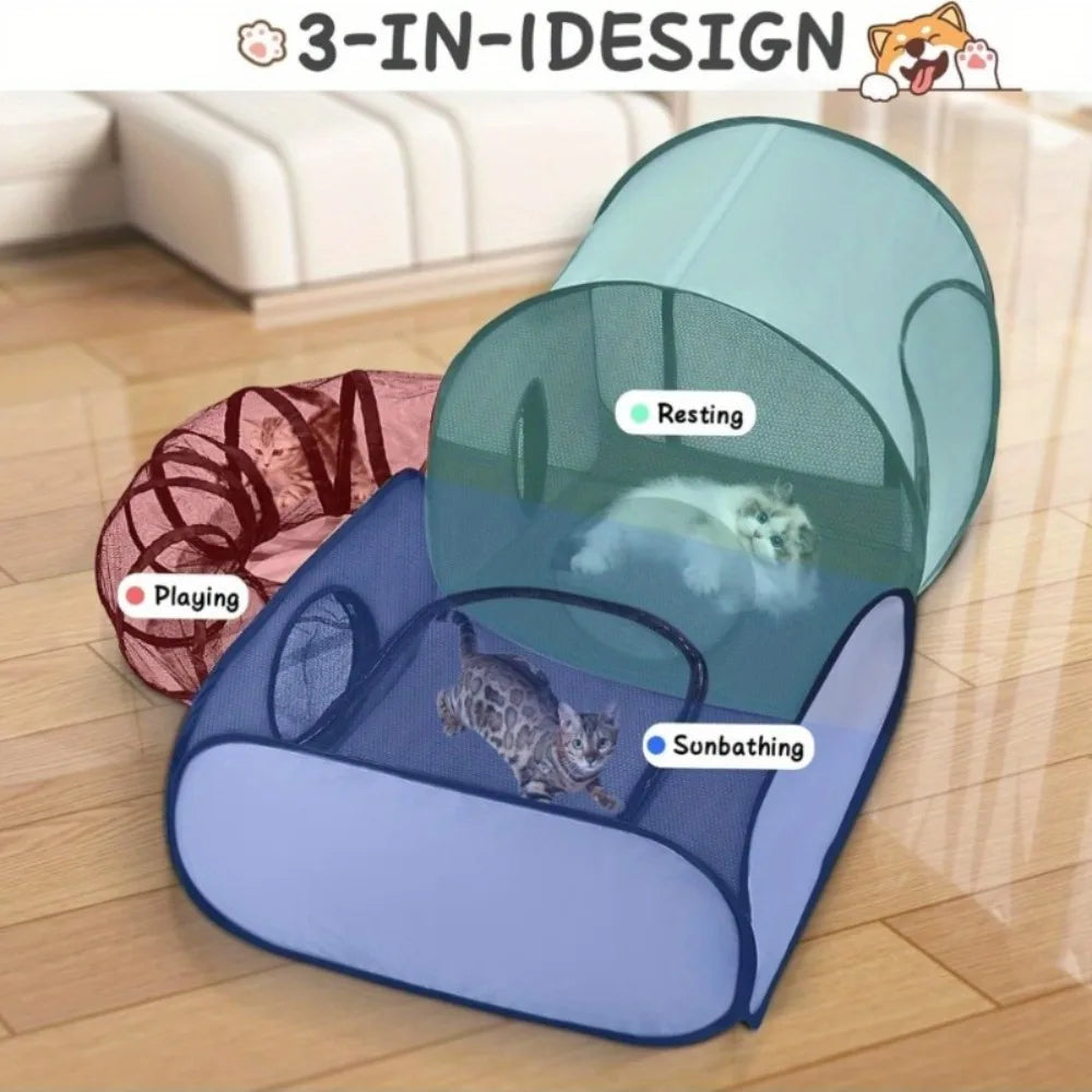 Pet playpen with labeled sections for playing, resting, sunbathing, and a cat inside on a wooden floor.