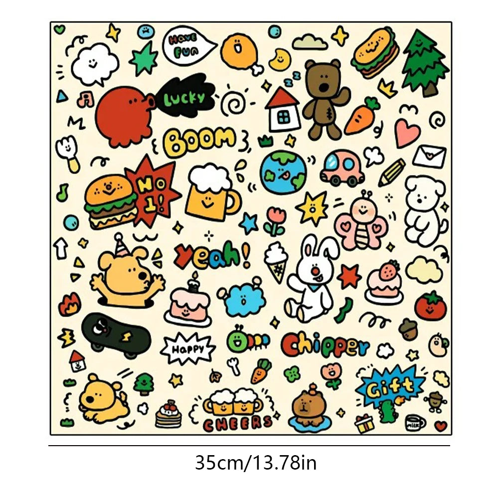 Colorful sticker sheet with various cartoon characters and graphics on a beige background
