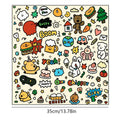 Colorful sticker sheet with various cartoon characters and graphics on a beige background