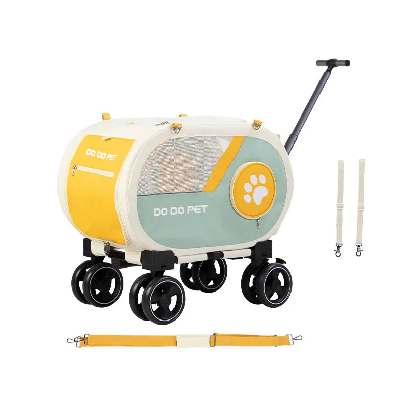 A pet stroller wagon with a pastel mint green and yellow design, featuring a mesh side window, four black wheels, a black handlebar, and included straps, shown on a plain white background.