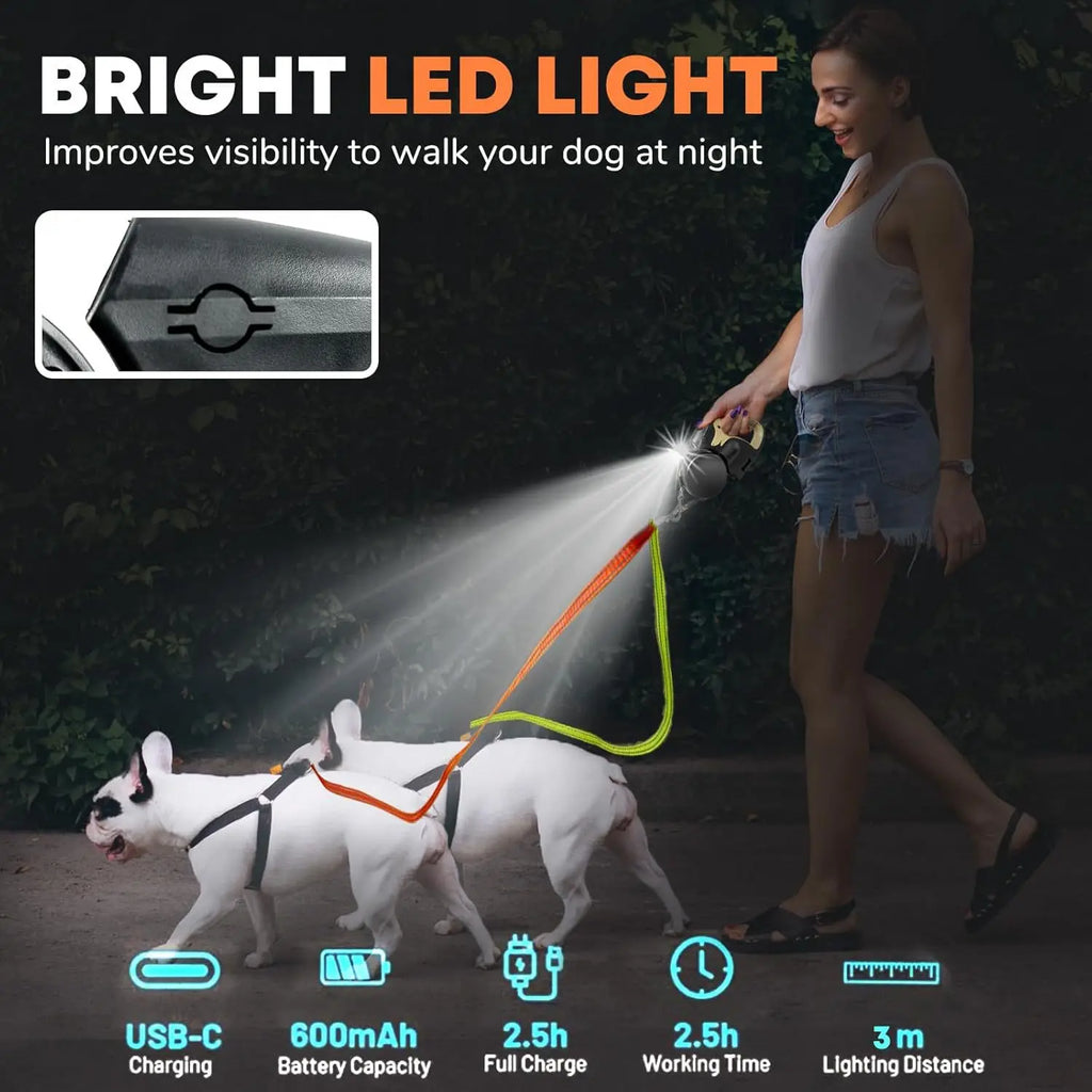 Woman walking a dog with a LED light leash at night, highlighting the product's features.