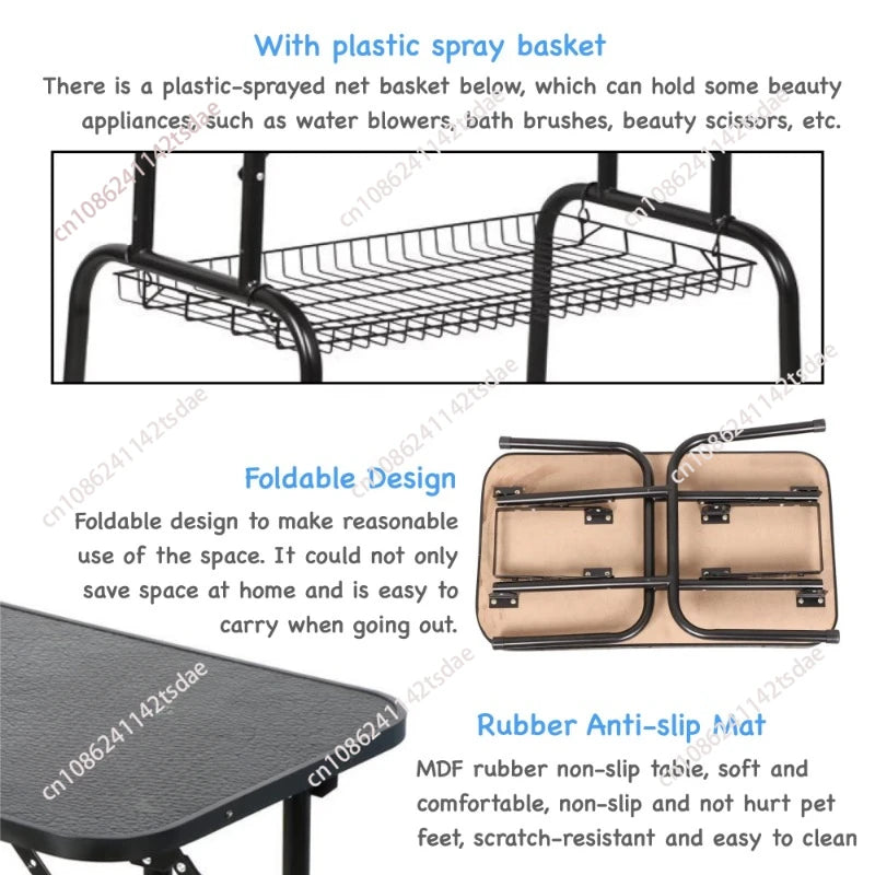 A product feature infographic for a black metal folding table with a beige storage basket and a dark gray non-slip rubber mat. The graphic includes text descriptions for 'With plastic spray basket', 'Foldable Design', and 'Rubber Anti-slip Mat', along with three corresponding product view photos and diagonal watermark text.