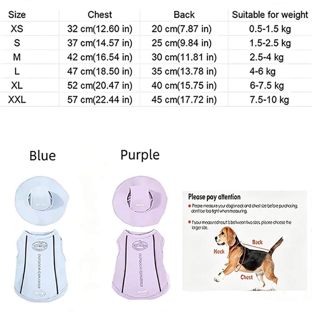 Dog coat size chart with blue and purple coats displayed, and a dog wearing a coat for reference.