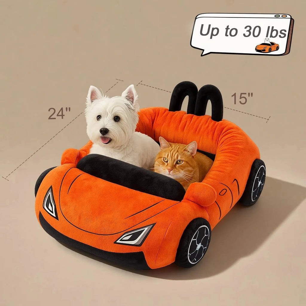 Orange car-shaped pet bed with a white dog and orange cat inside, on a beige background.